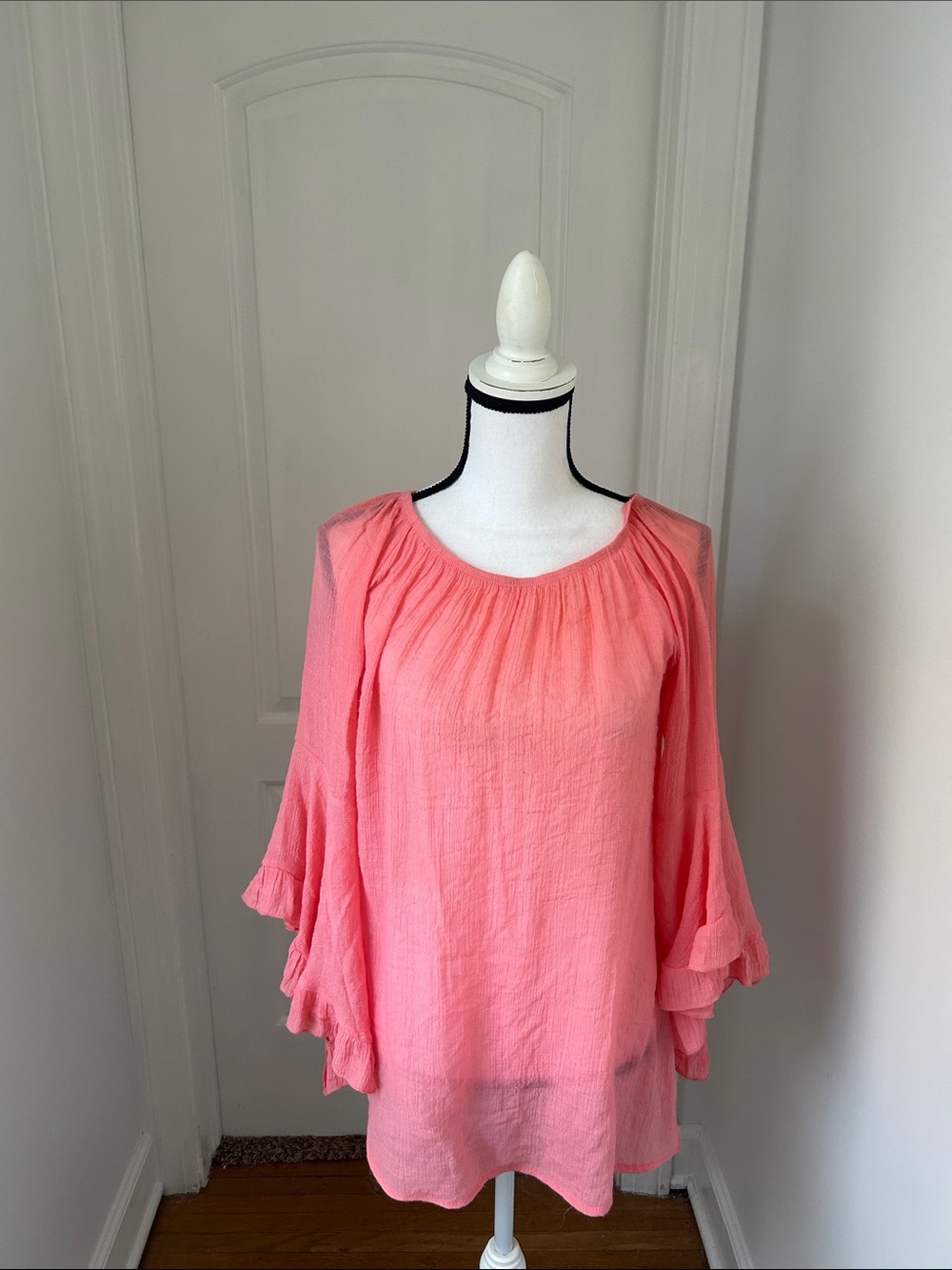 Women's Pink Peasant Blouse - Lightweight Ruffled Sleeve Top